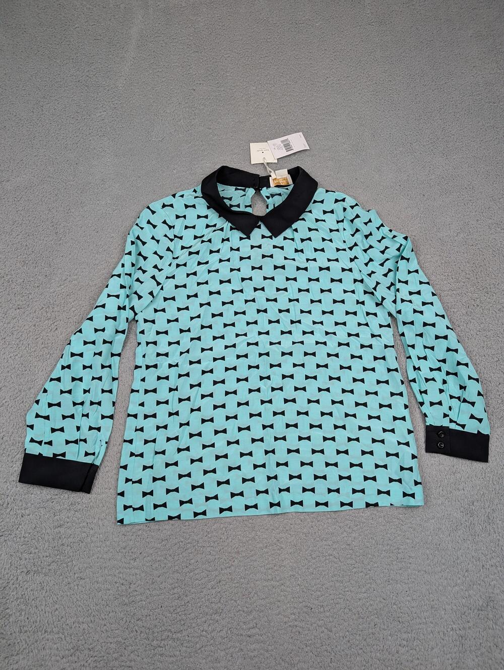 Kate Spade New York Blouse Womens 4 Mint Black Isadora Top Silk Bow Long Sleeve